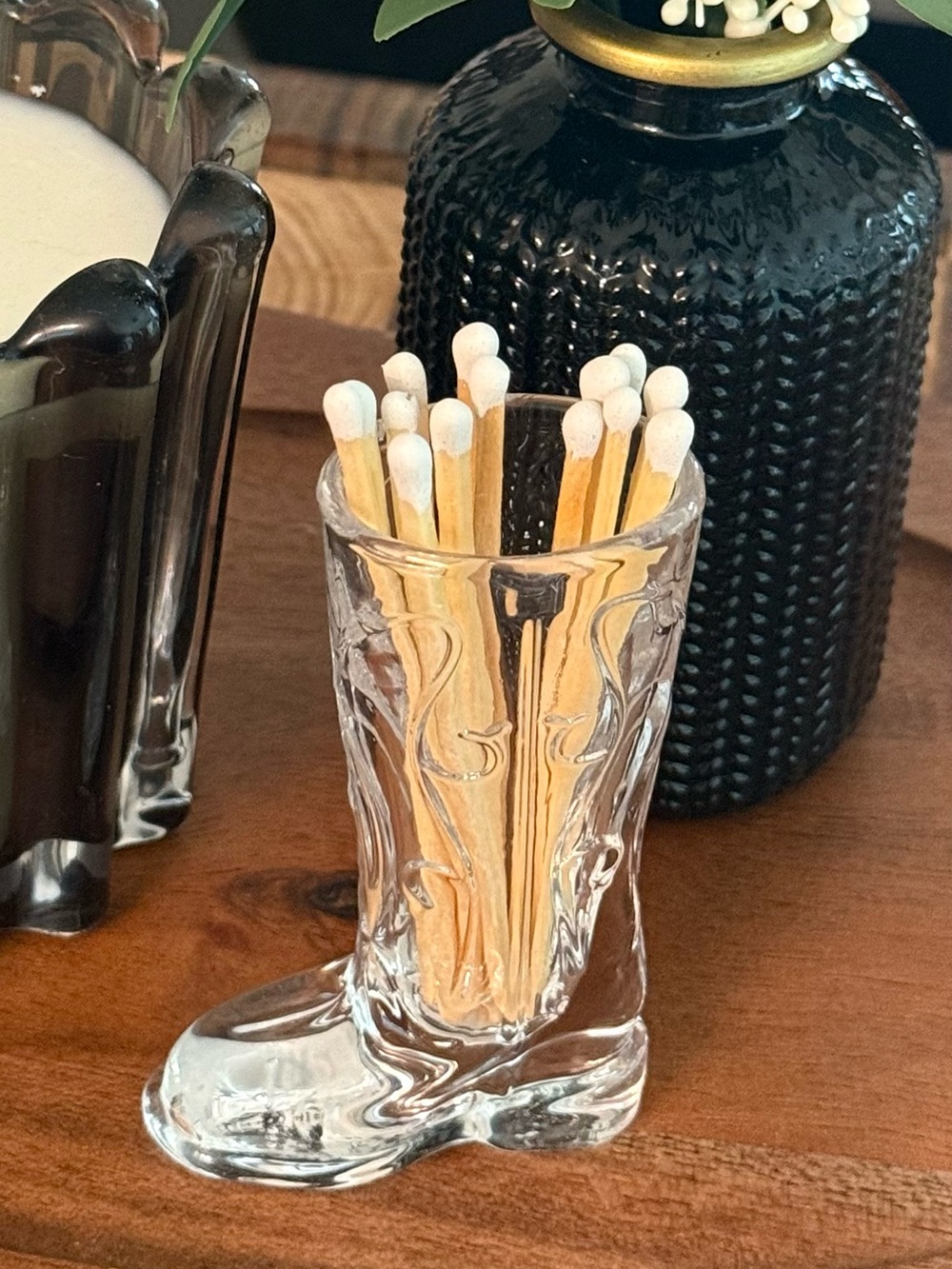 Clear Glass Cowboy Boot Matchstick Holder with Matches and Striker